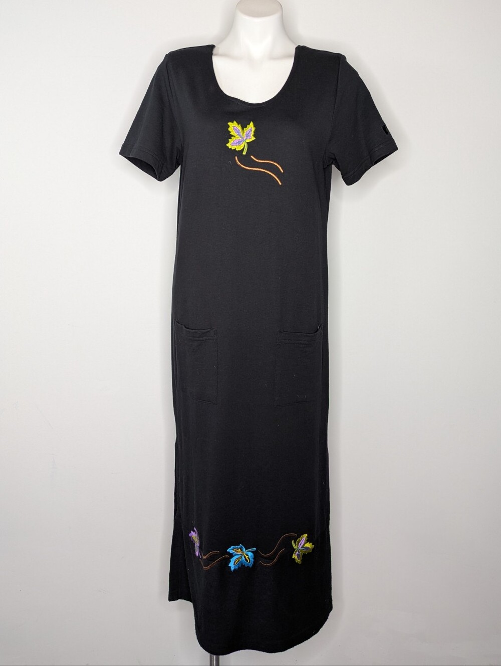 Vintage Foot Prints Black Bold Leaf Embroidered Short Sleeve Fall Maxi Dress S